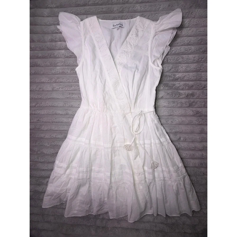 En Saison‎ Womens XS White Shell Ruffle Poplin Wrap Dress Coastal Summer Beach
